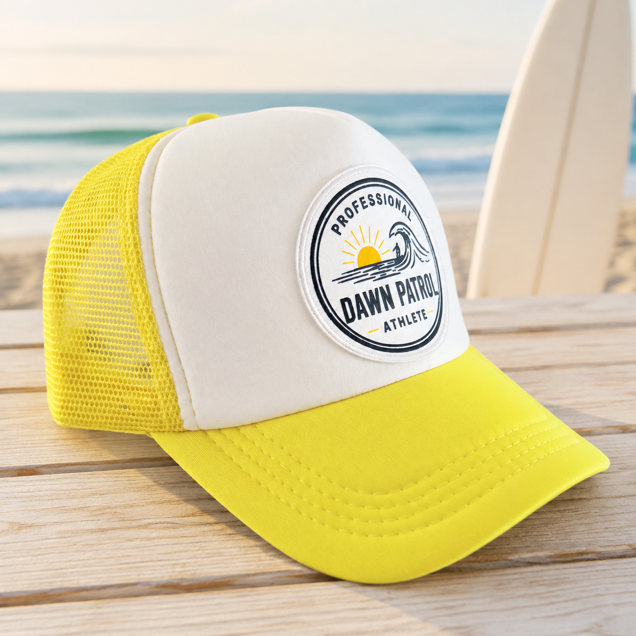 Yellow Dawn Patrol surf hat beside a surfboard