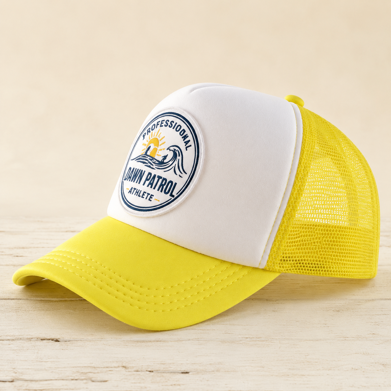 Side view of fluorescent yellow foam and mesh trucker hat