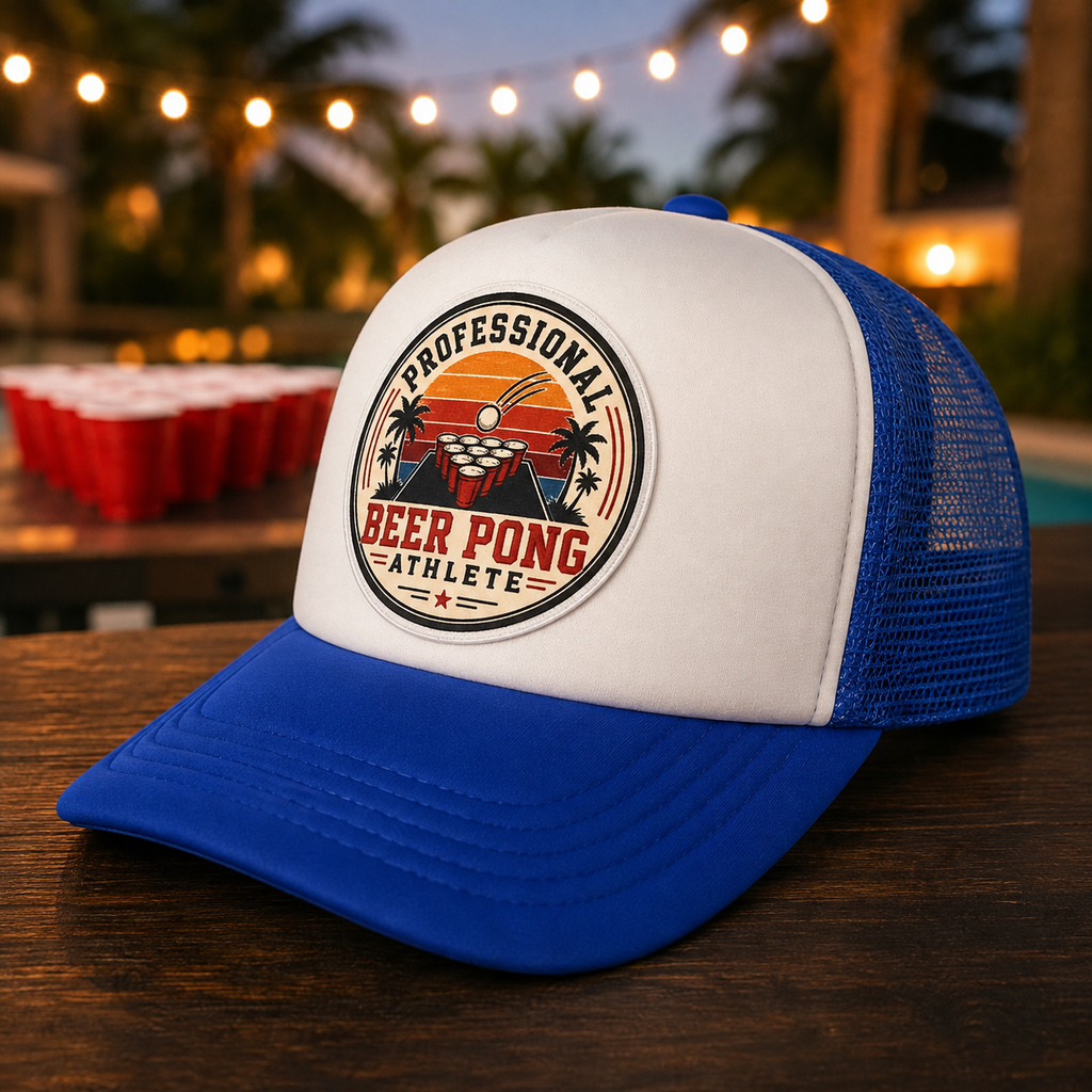 Professional Beer Pong Athlete Foam Trucker Hat – Blue & White Snapback