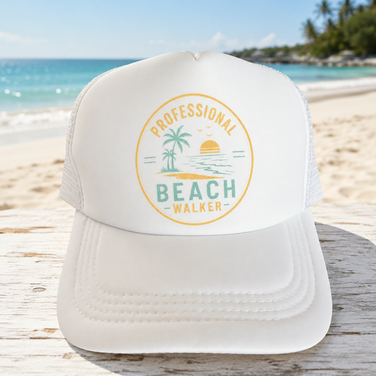 Professional Beach Walker Foam Trucker Hat – White Coastal Snapback