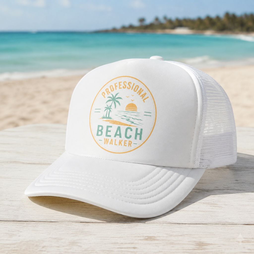 Professional Beach Walker Foam Trucker Hat – White Coastal Snapback