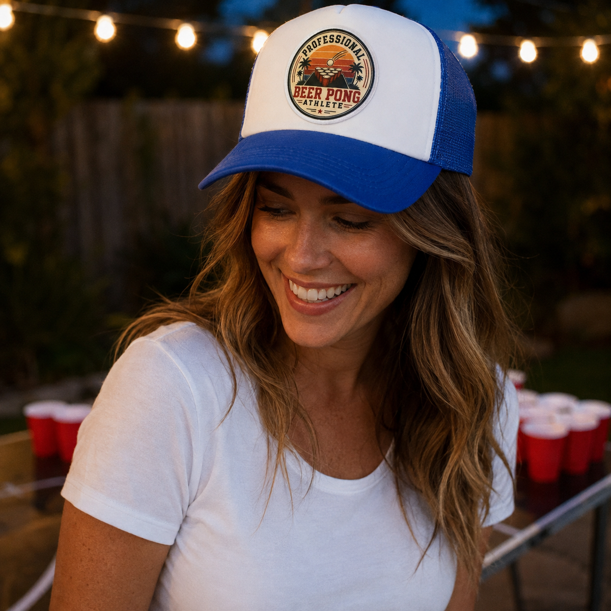 Professional Beer Pong Athlete Foam Trucker Hat – Blue & White Snapback