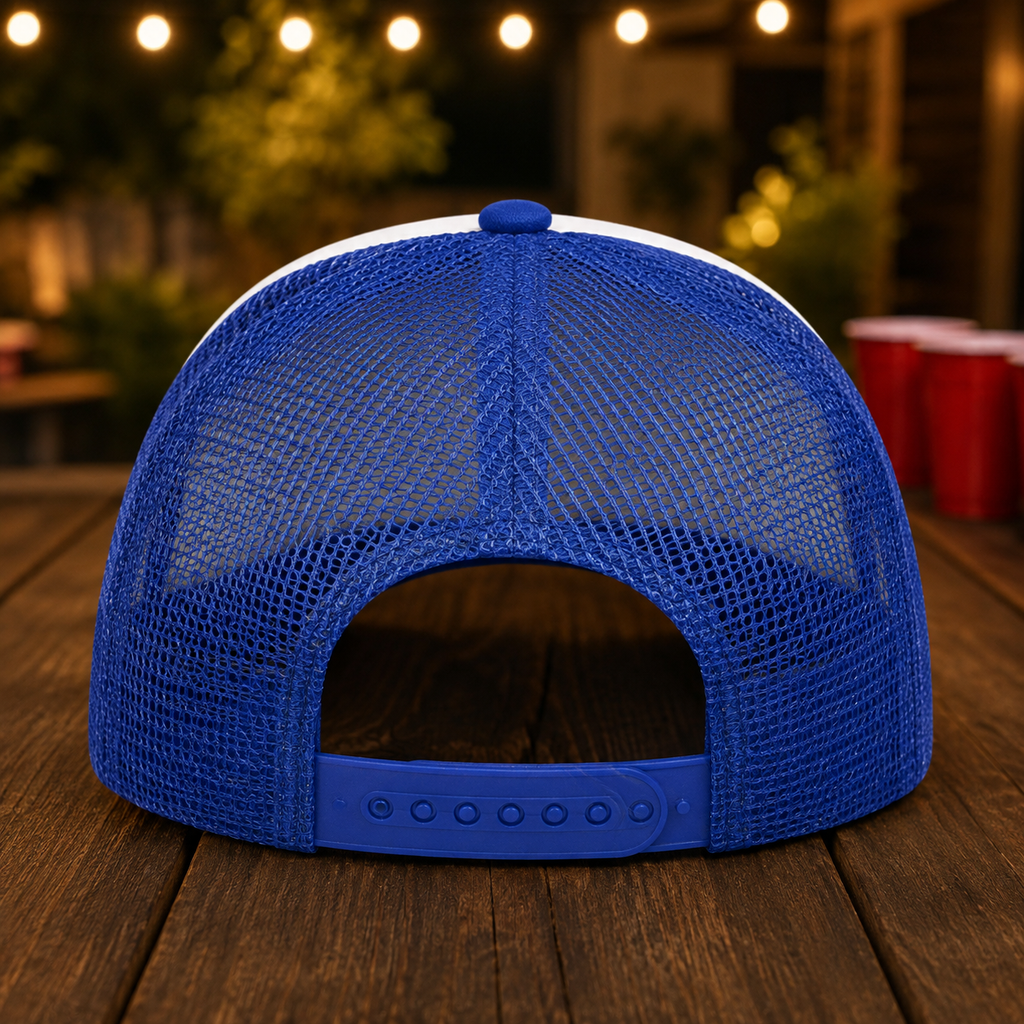 Professional Beer Pong Athlete Foam Trucker Hat – Blue & White Snapback