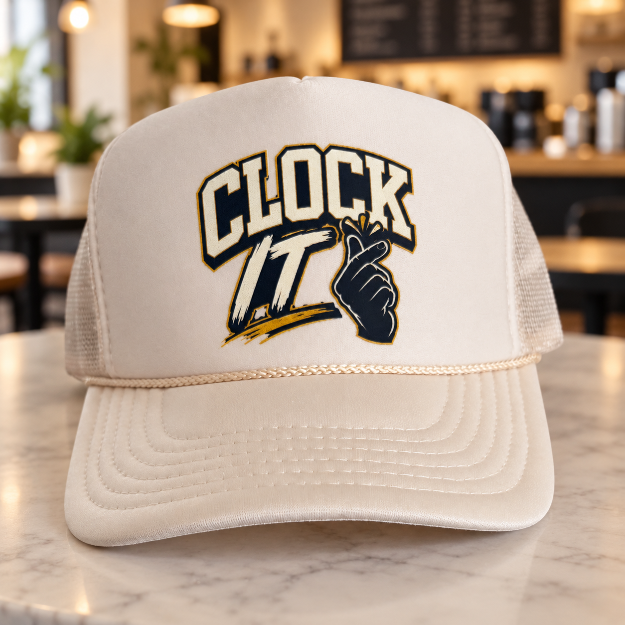 Close-up of Clock It finger-heart graphic and lettering
