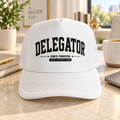White Delegator trucker hat with black collegiate lettering