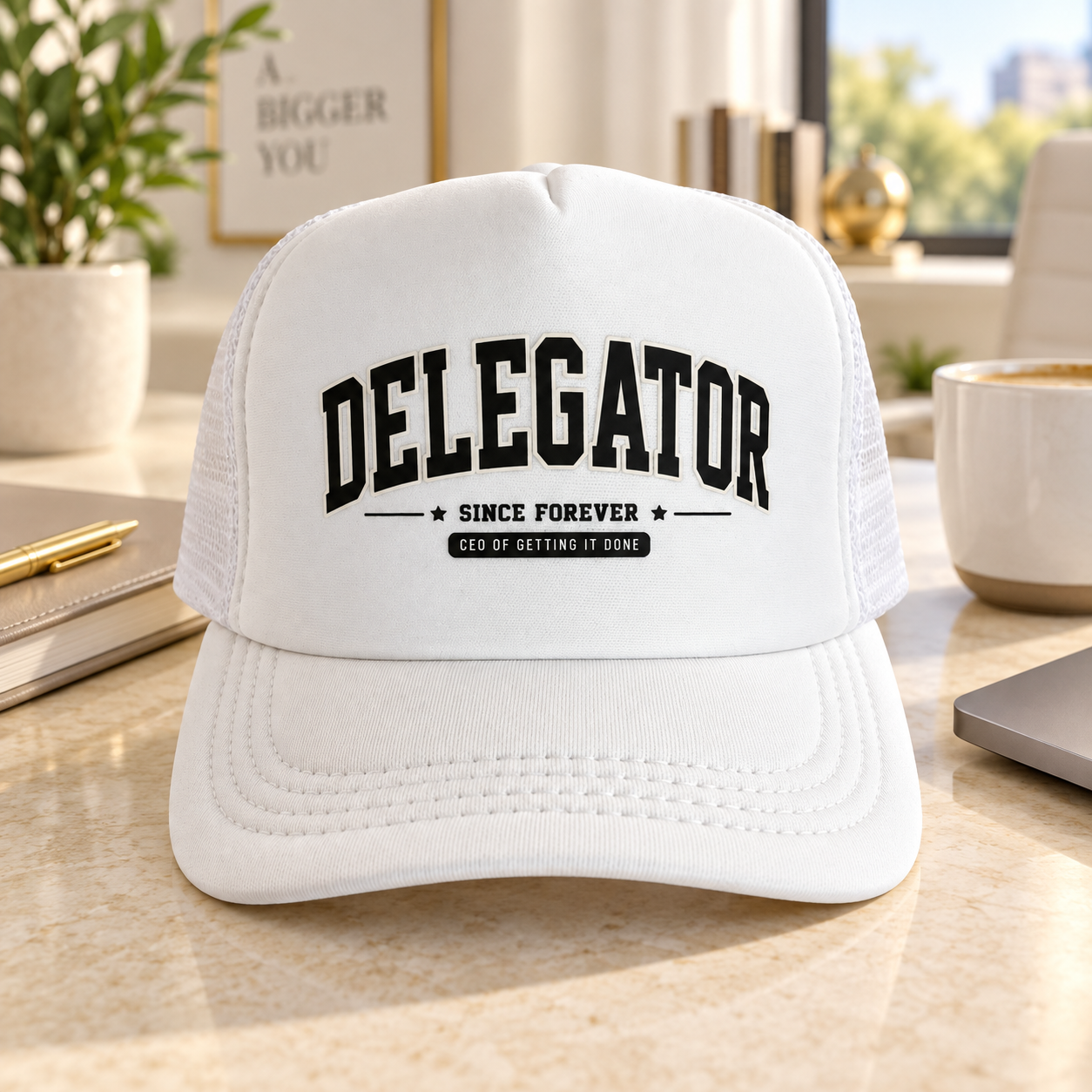 White Delegator trucker hat with black collegiate lettering