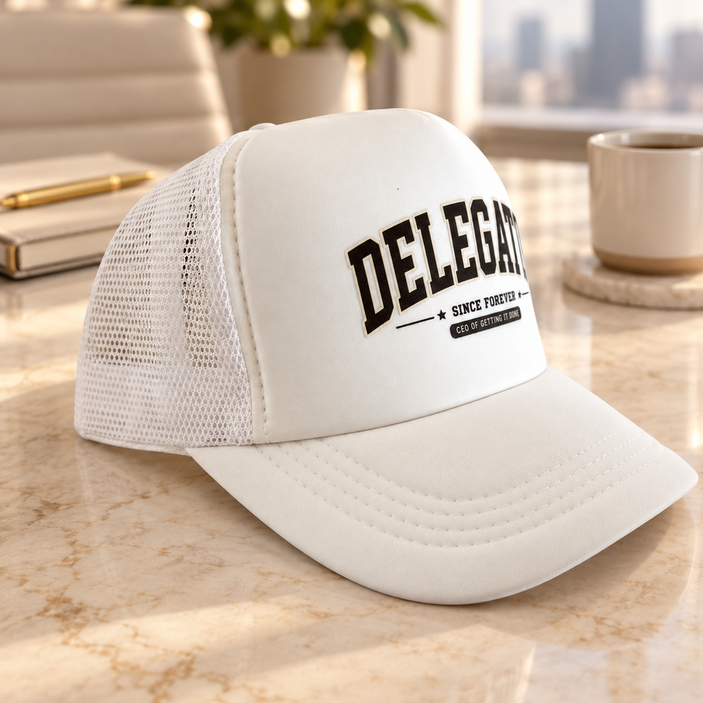 Close-up of black Delegator statement design