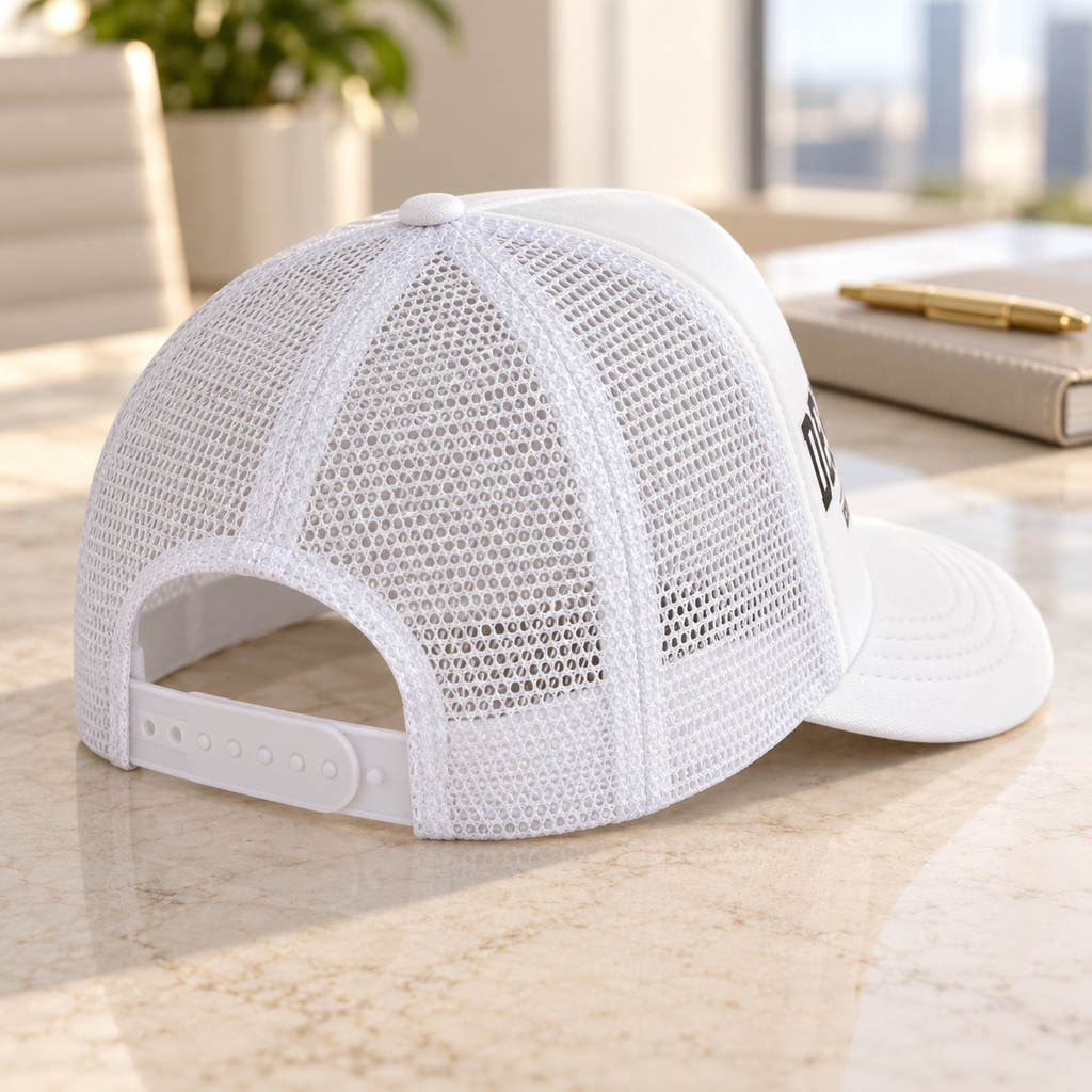 Rear view of white trucker hat with adjustable closure