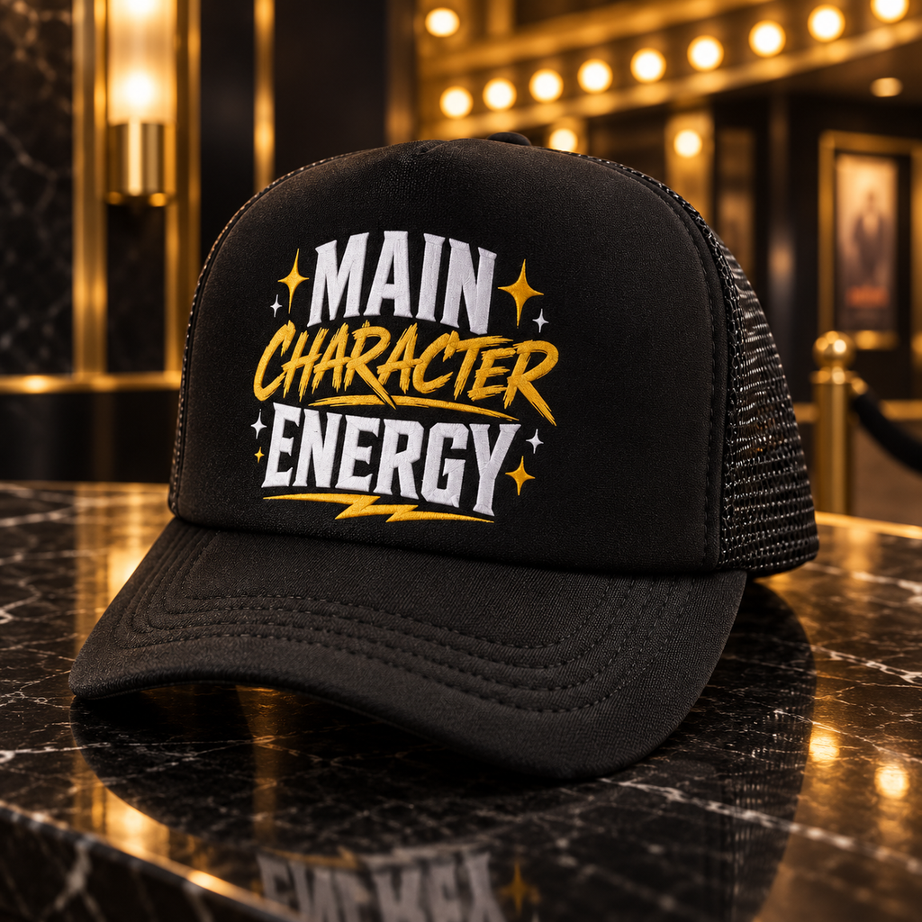 Main Character Energy black trucker hat with white and gold graphic