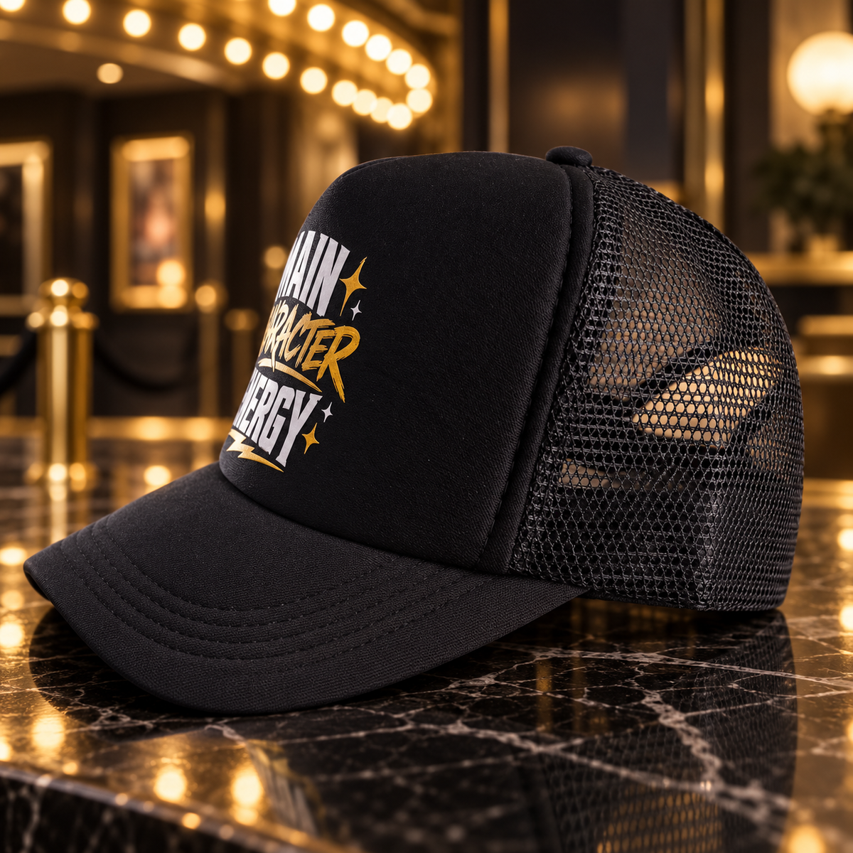 Side view of black Main Character Energy mesh-back hat
