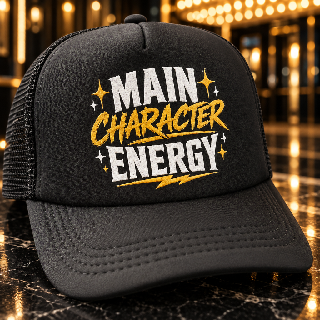 Close-up of Main Character Energy white and gold design