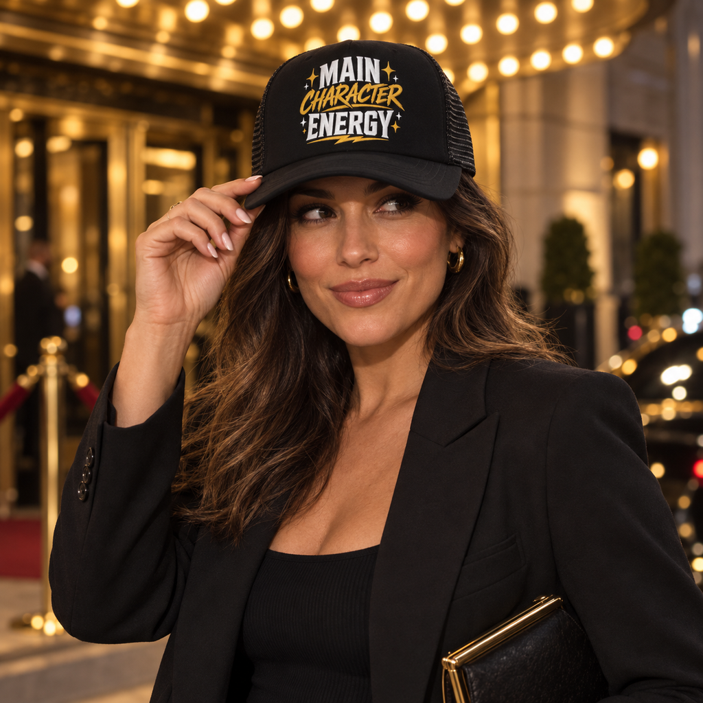 Woman wearing Main Character Energy hat during a night out