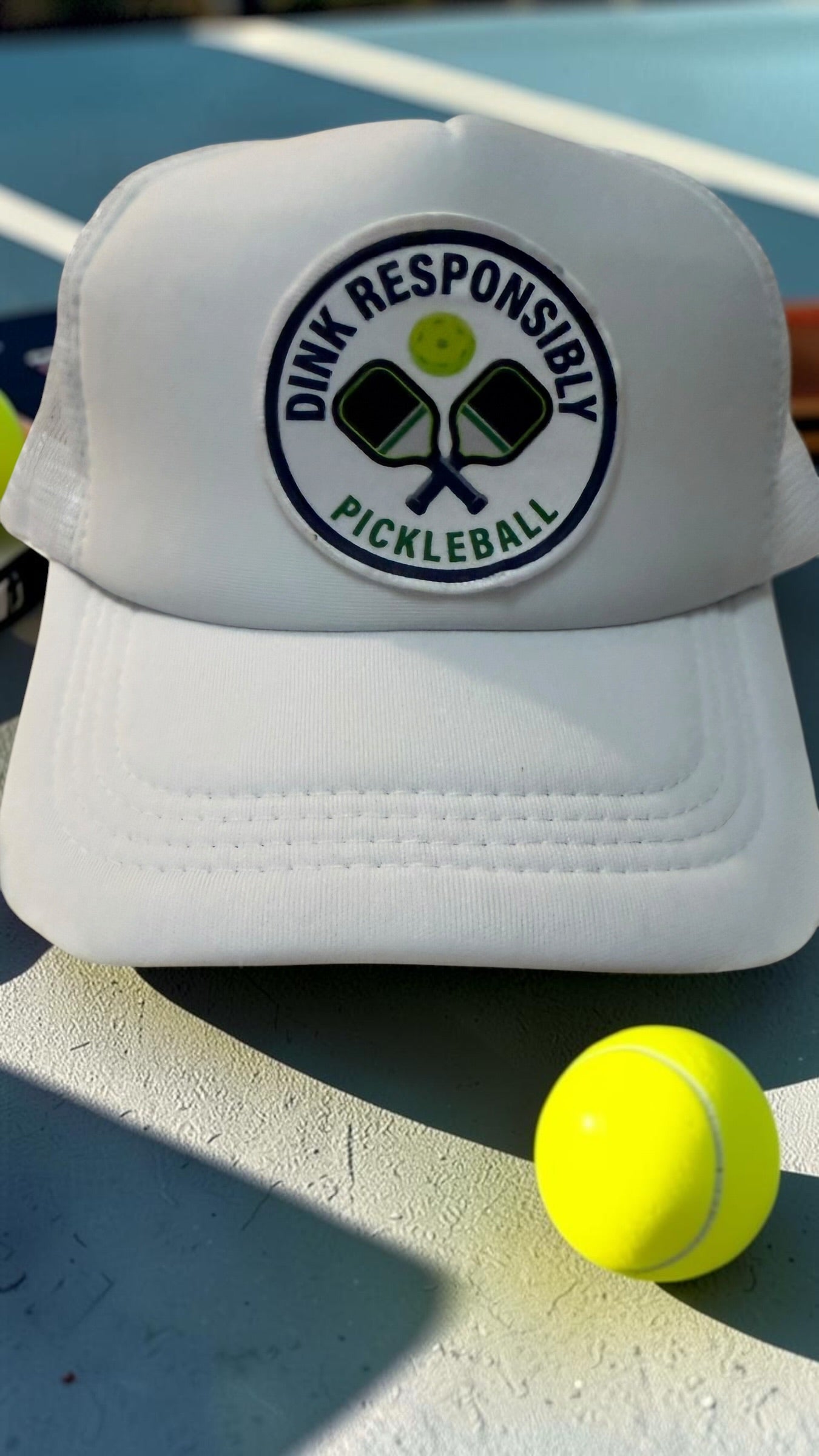 Dink Responsibly Pickleball Trucker Hat – White Snapback Cap