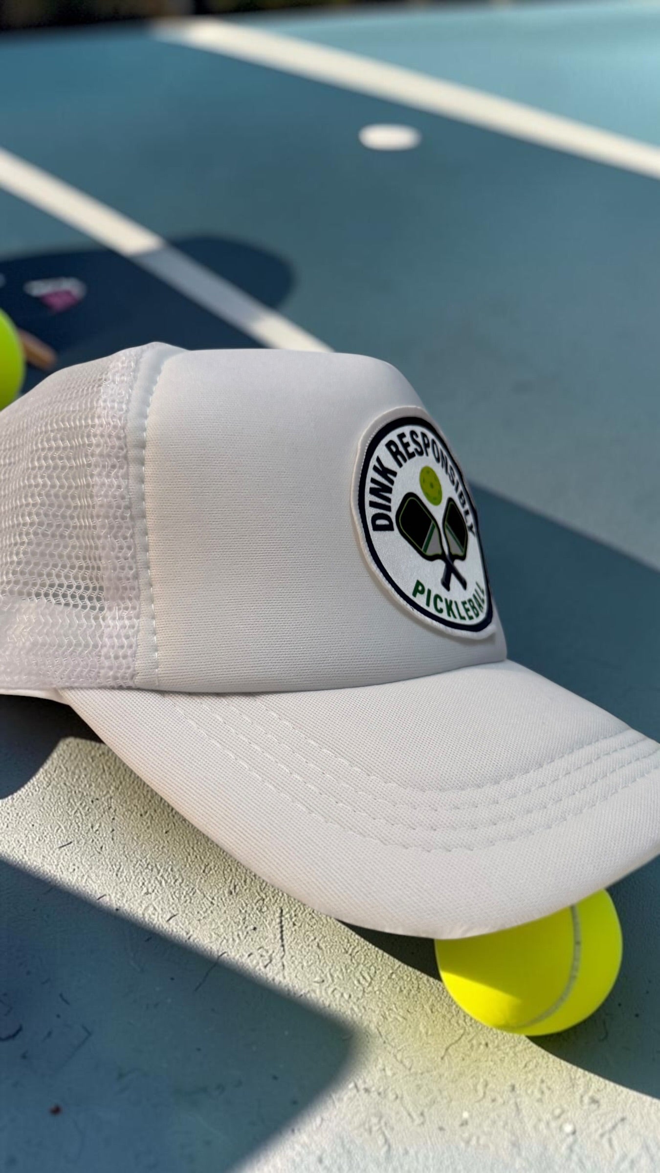 Dink Responsibly Pickleball Trucker Hat – White Snapback Cap