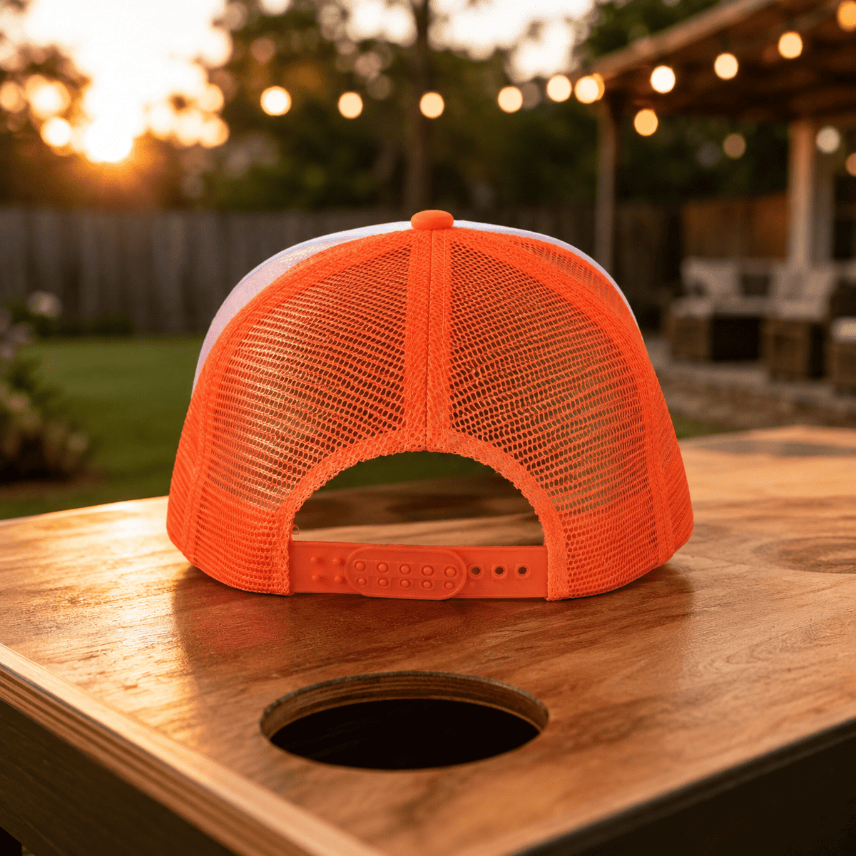 Backyard Cornhole Trucker Hat – Neon Orange Snapback for Ultimate Fun - Knox Co